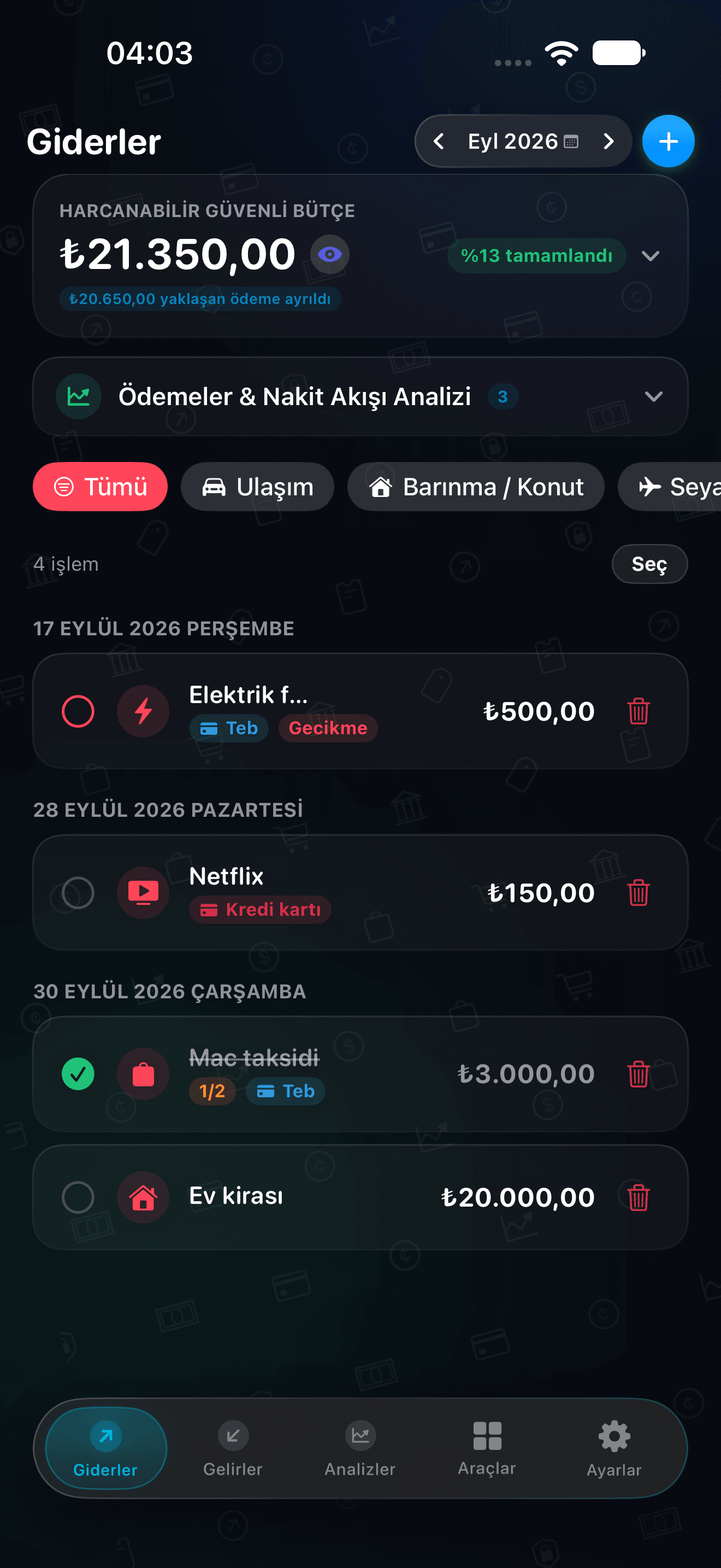 CRASGO iPhone Harcamalar Ekranı