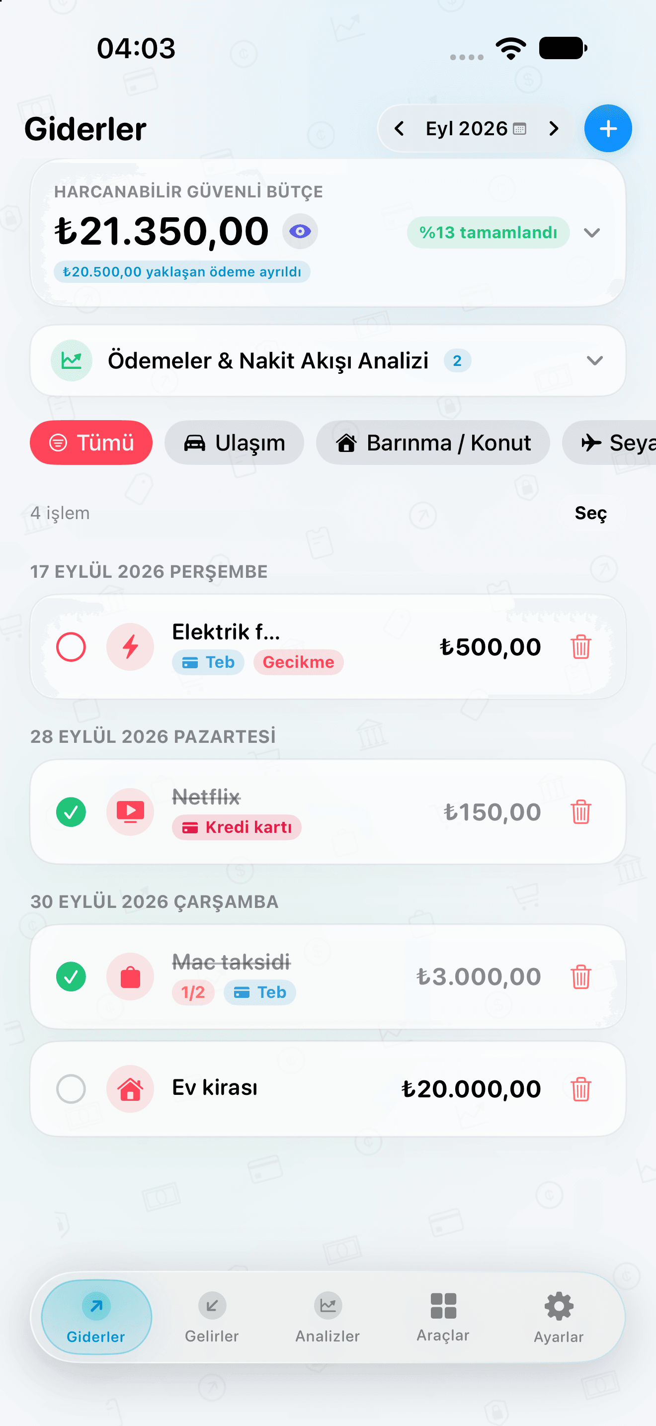 CRASGO iPhone Harcamalar Ekranı