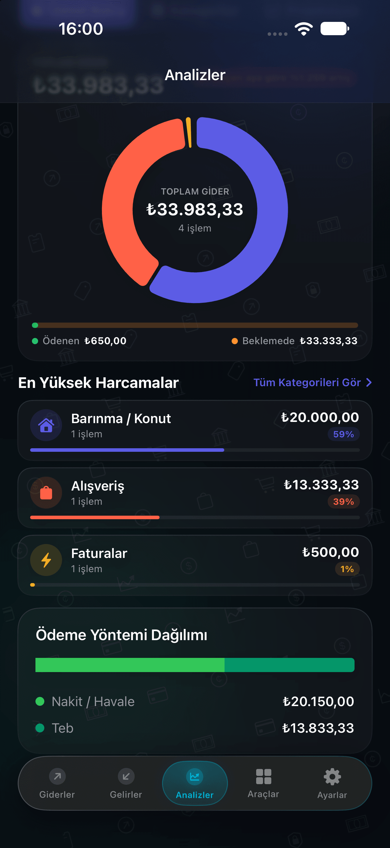 Kategori dağılımlarını ve görsel finansal özetleri gösteren CRASGO Analiz ekranı