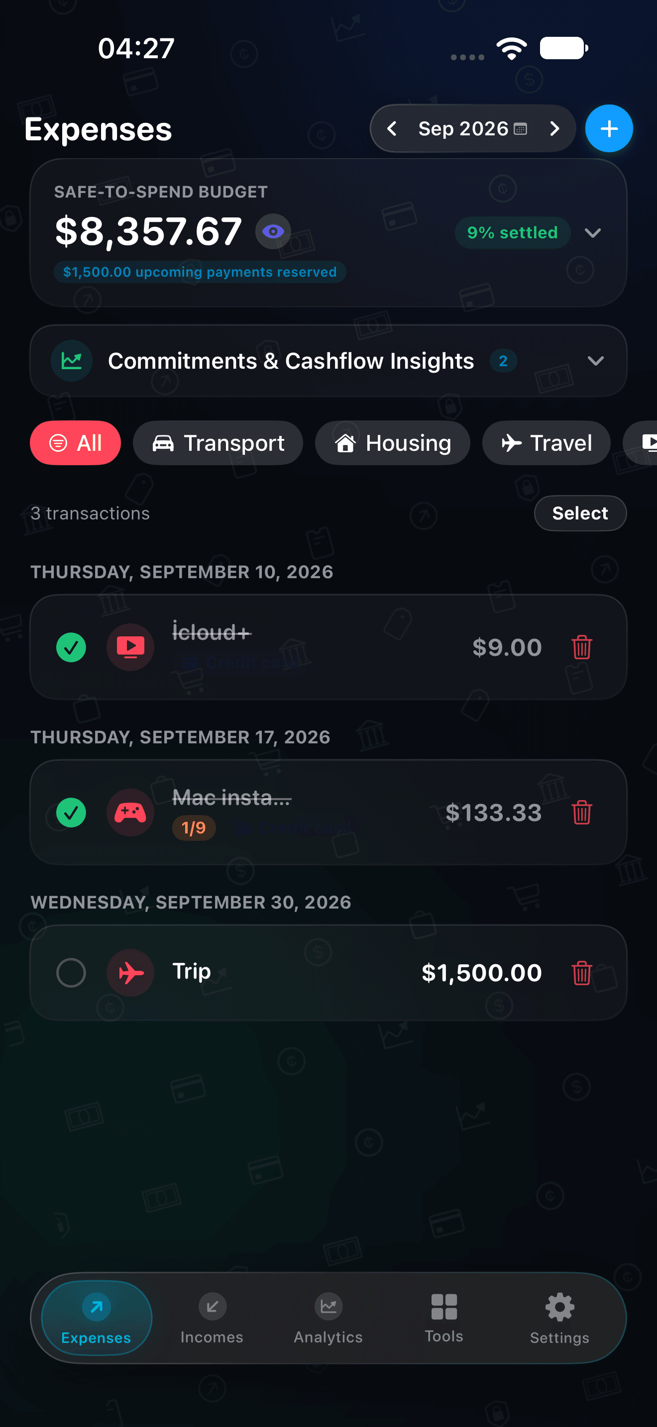 CRASGO iPhone Expenses Screen