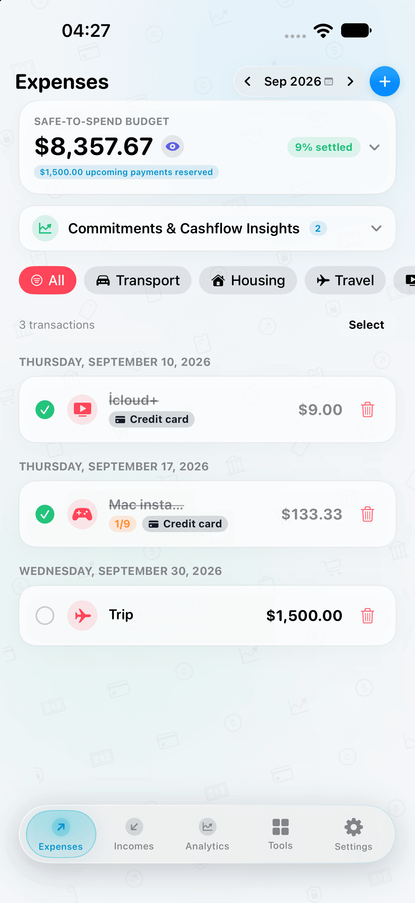 CRASGO iPhone Expenses Screen